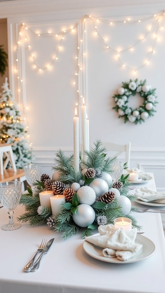 A winter-themed Christmas table setting with white and silver decorations, faux snow, and candles.